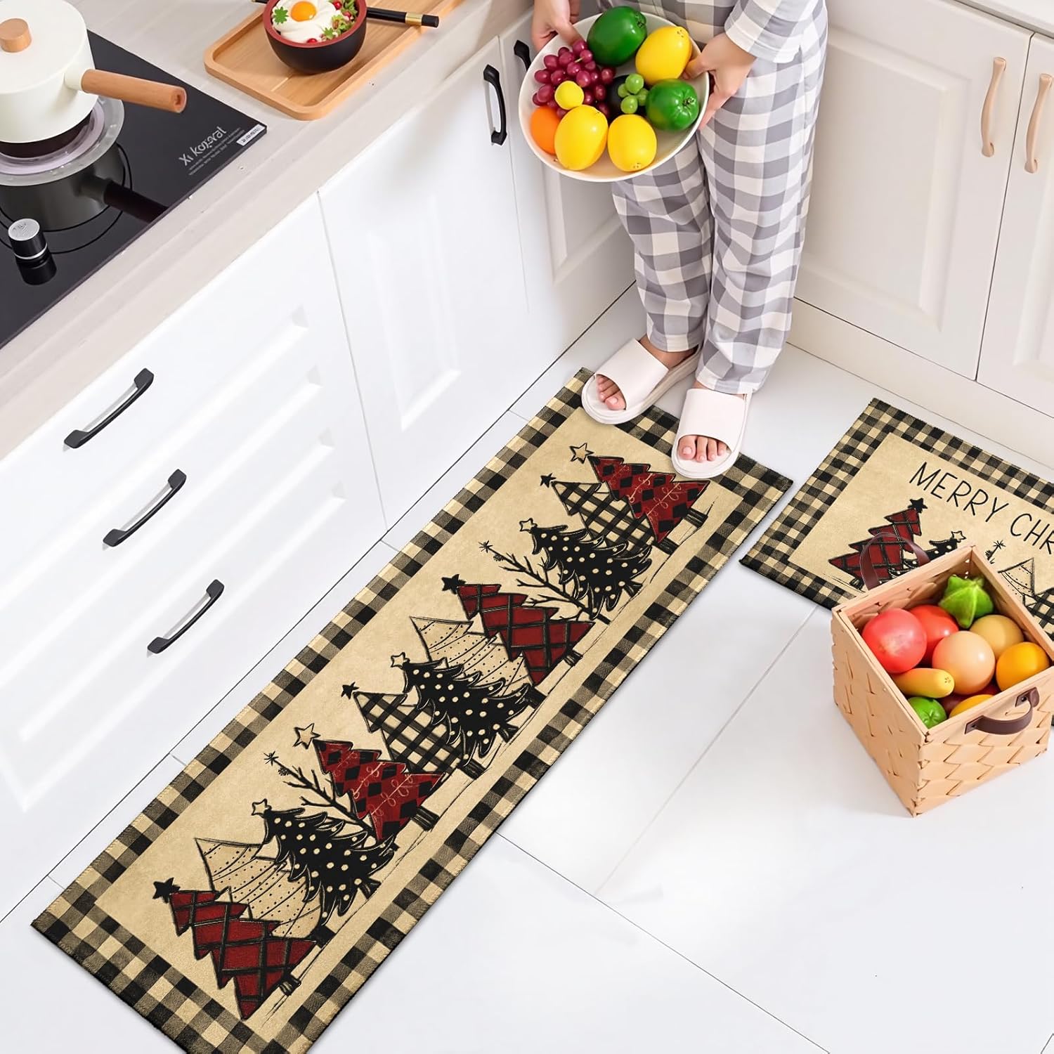 Robvobe Merry Christmas Kitchen Mats Set of 2 Xmas Tree Black Red Buffalo Plaid Print Winter Kitchen Rugs Runner Holiday Absorbent Non Slip Comfort Mat for Kitchen Floor Decor, 17"x30"+17"x47"