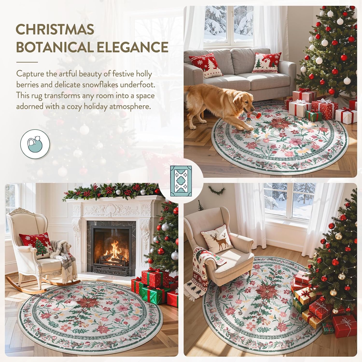 Wonnitar Tapete redondo y lavable de 5 pies, para Navidad, para dormitorio y habitación niños, con estampado de flores de Pascua, bohemio, para comedor, sala o debajo del árbol de Navidad, decorativo