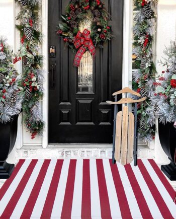 Alfombra de Navidad a rayas rojas y blancas, 27.5 x 43 pulgadas, para interiores y exteriores, para porche delantero de granja, entrada, lavable a máquina, tapete de bienvenida tejido de algodón
