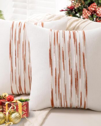 Juego de 2 fundas bohemias decorativas de cojín, 18 x 18 pulgadas, estilo navideño, fundas de cojín cuadradas de felpilla a rayas con detalles neutros para sofá, sofá cama, rojo vino