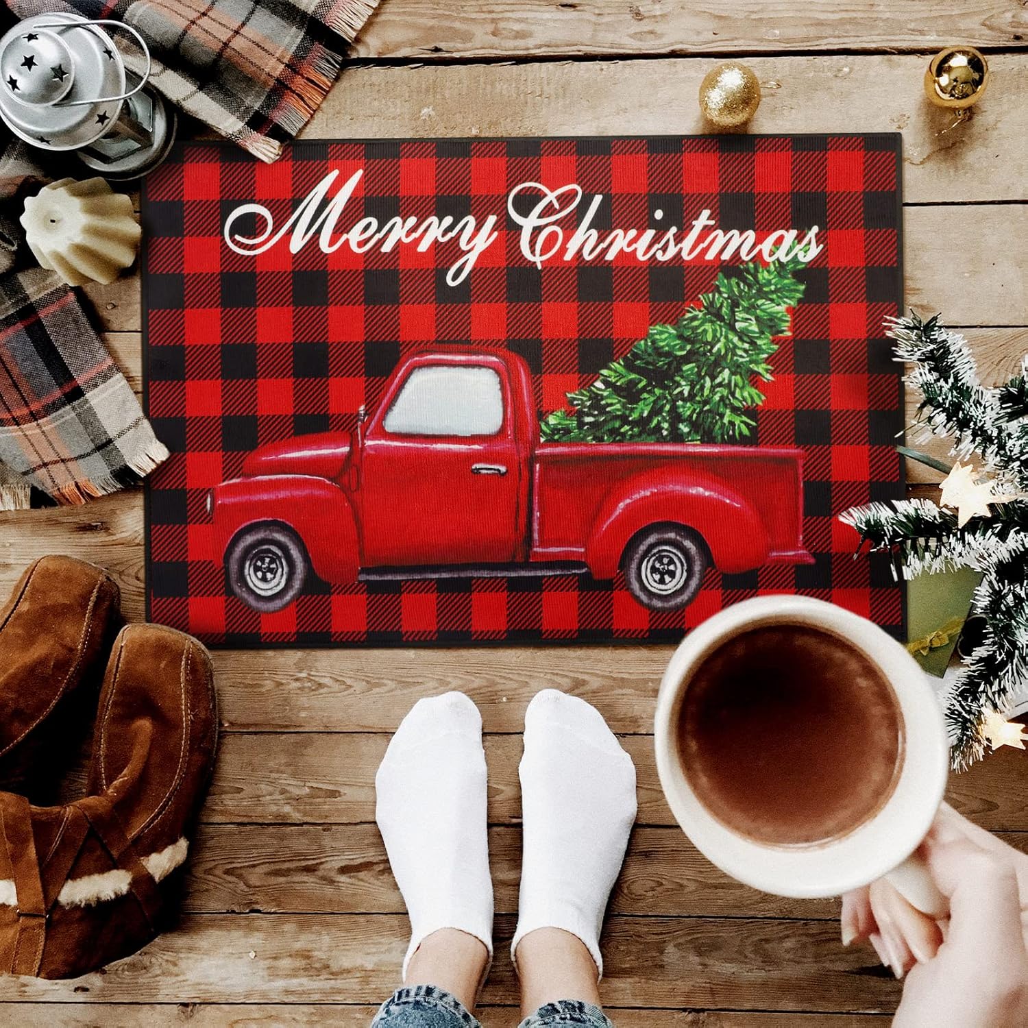 Tapete de Navidad, tapete decorativo de árbol de Navidad, lavable y antideslizante, tapete de piso de búfalo negro y rojo, para puerta de porche delantero, baño, 24 x 16 pulgadas (estilo fresco)