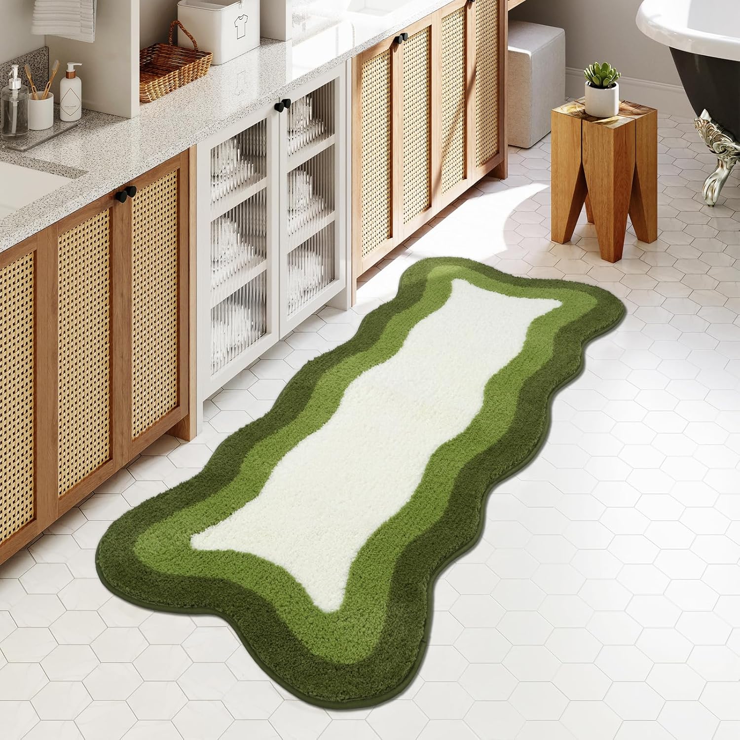 HAOCOO Alfombras de baño grandes de lujo, 24 x 59 pulgadas de largo, antideslizantes, lavables, color verde, de forma irregular, absorbente, para dormitorio, bañera, lavabo, ducha
