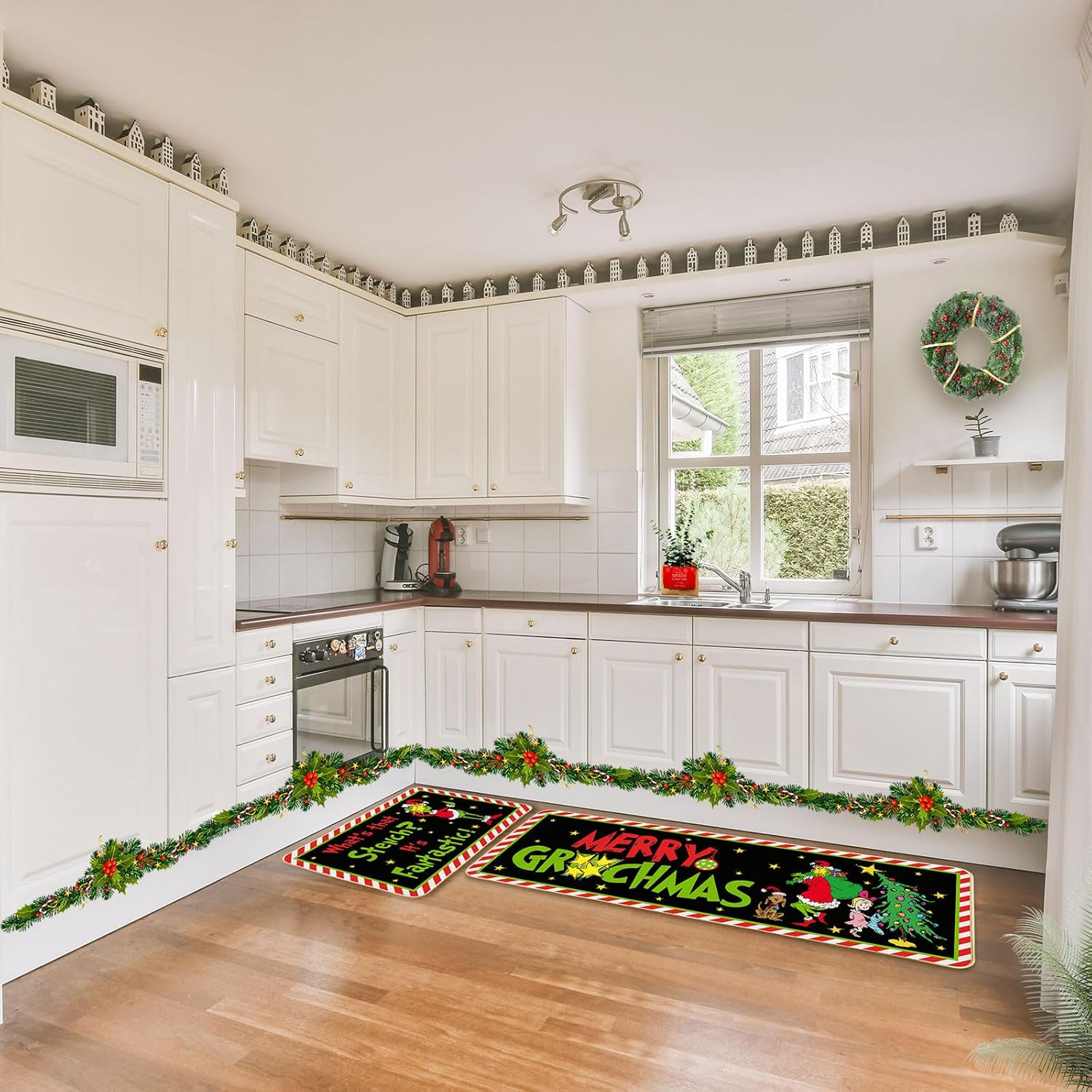 Decoraciones de cocina navideñas, divertidas alfombrillas de cocina navideñas, juego de 2 alfombras de cocina navideñas para piso, alfombras de área apestosas y apestosas, novedosos tapetes de Navidad