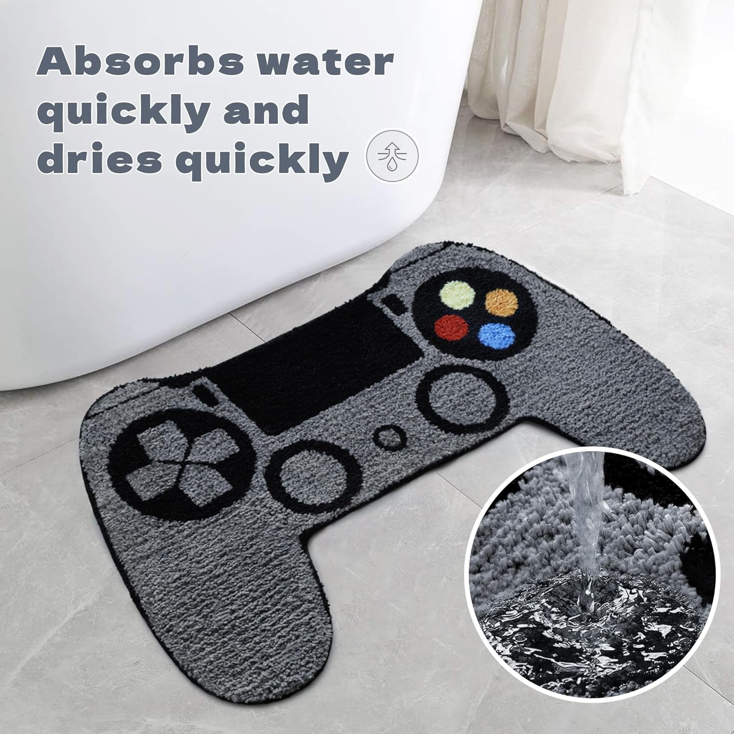 Divertida alfombra de baño negra con gamepad para baño y dormitorio, alfombra de baño pequeña, alfombra de ducha antideslizante, lavable, suave y absorbente, alfombra de área de 20 x 32