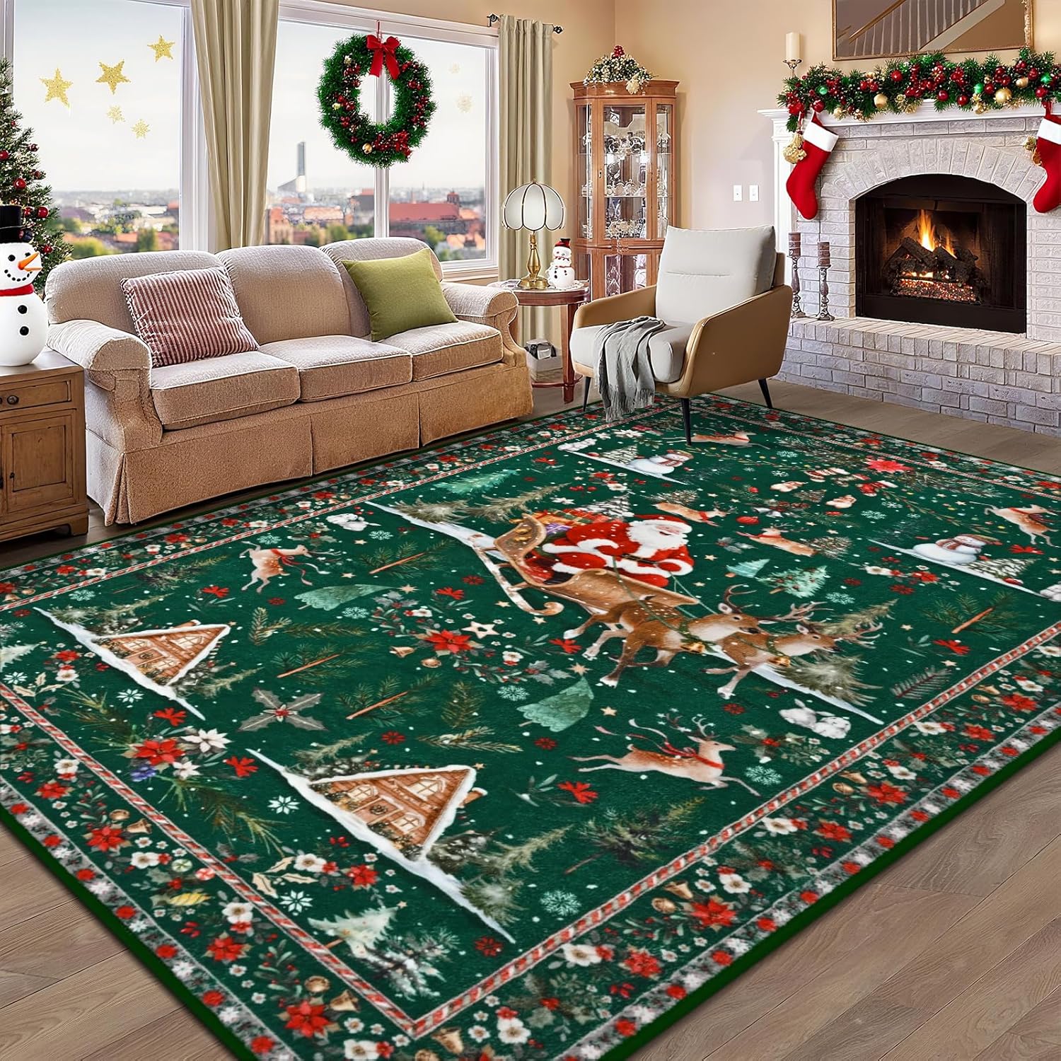 ASPMIZ Alfombra de Navidad de 8 x 10 pies, lavable, antideslizante, alfombra de Papá Noel para sala de estar, pelo corto, suave de lana sintética, para invierno, alfombra grande para dormitorio