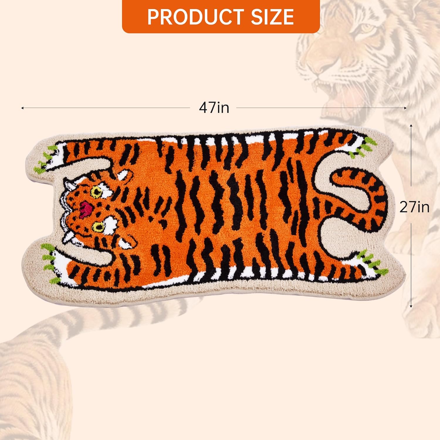 Alfombra de baño con diseño de tigre, 24 x 47 pulgadas, antideslizante, lavable, absorbente, con dibujos animados, para dormitorio, ducha, cocina, puerta, decoración