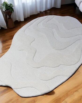 Alfombra de lana de tejido natural con forma irregular copetuda a mano, alfombra 100% lana para dormitorio, sala de estar y decoración del hogar, alfombra artística moderna (blanco crema, 4 x 6 pies)