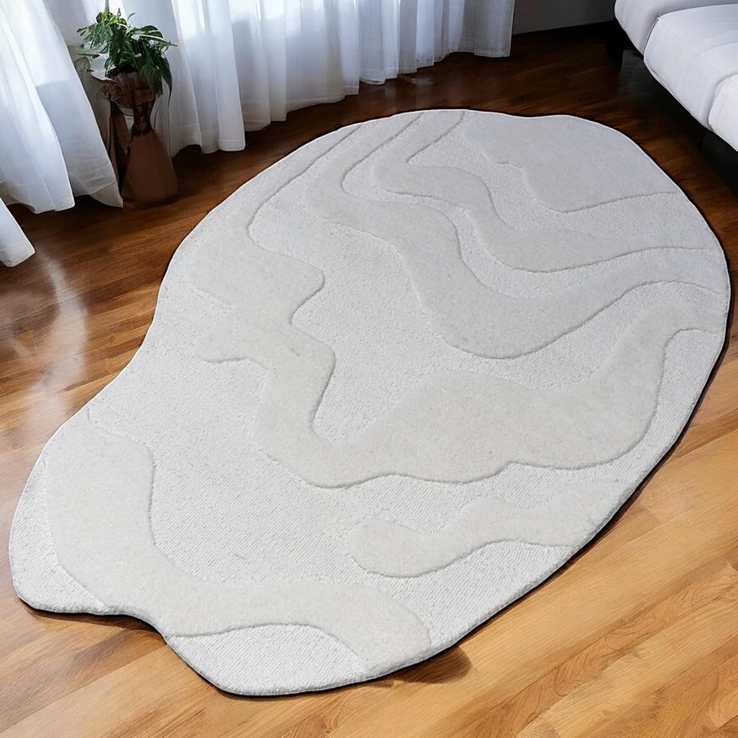 Alfombra de lana de tejido natural con forma irregular copetuda a mano, alfombra 100% lana para dormitorio, sala de estar y decoración del hogar, alfombra artística moderna (blanco crema, 4 x 6 pies)