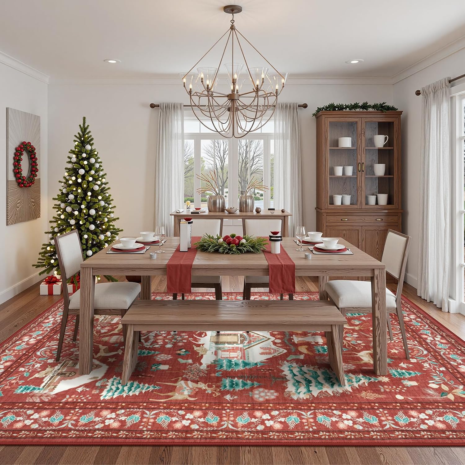 LIVEBOX Alfombra de área de Navidad de 8 x 10 pies, suave, lavable para sala de estar, alfombra roja bohemia de área grande para dormitorio con parte trasera antideslizante, alfombra de interior