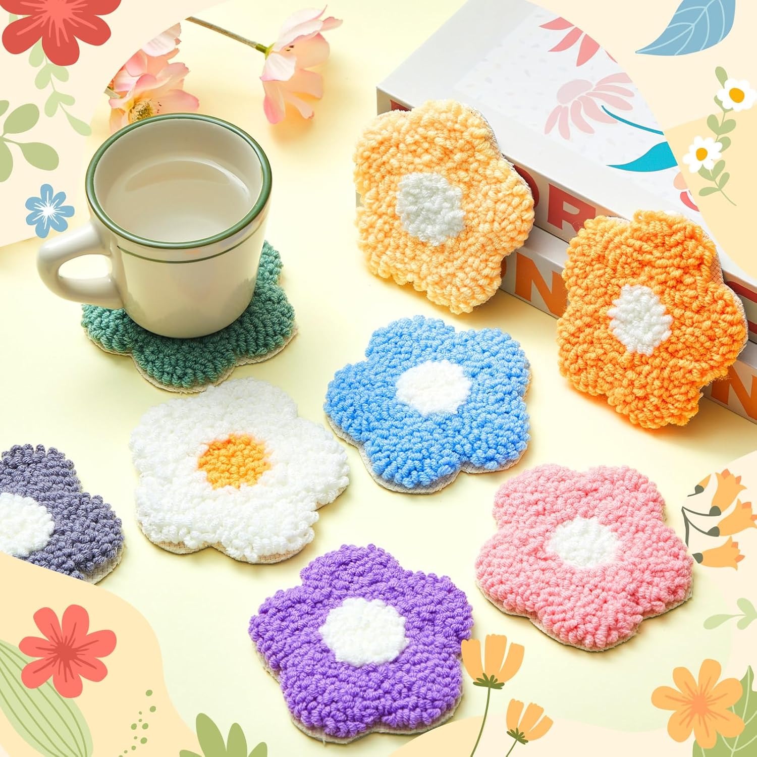 Preboun Kit de 8 posavasos con aguja perforadora de flores, kit de bordado de aguja para adultos principiantes, suministros de bricolaje, posavasos copetudos, incluyendo hilos y herramientas de aro