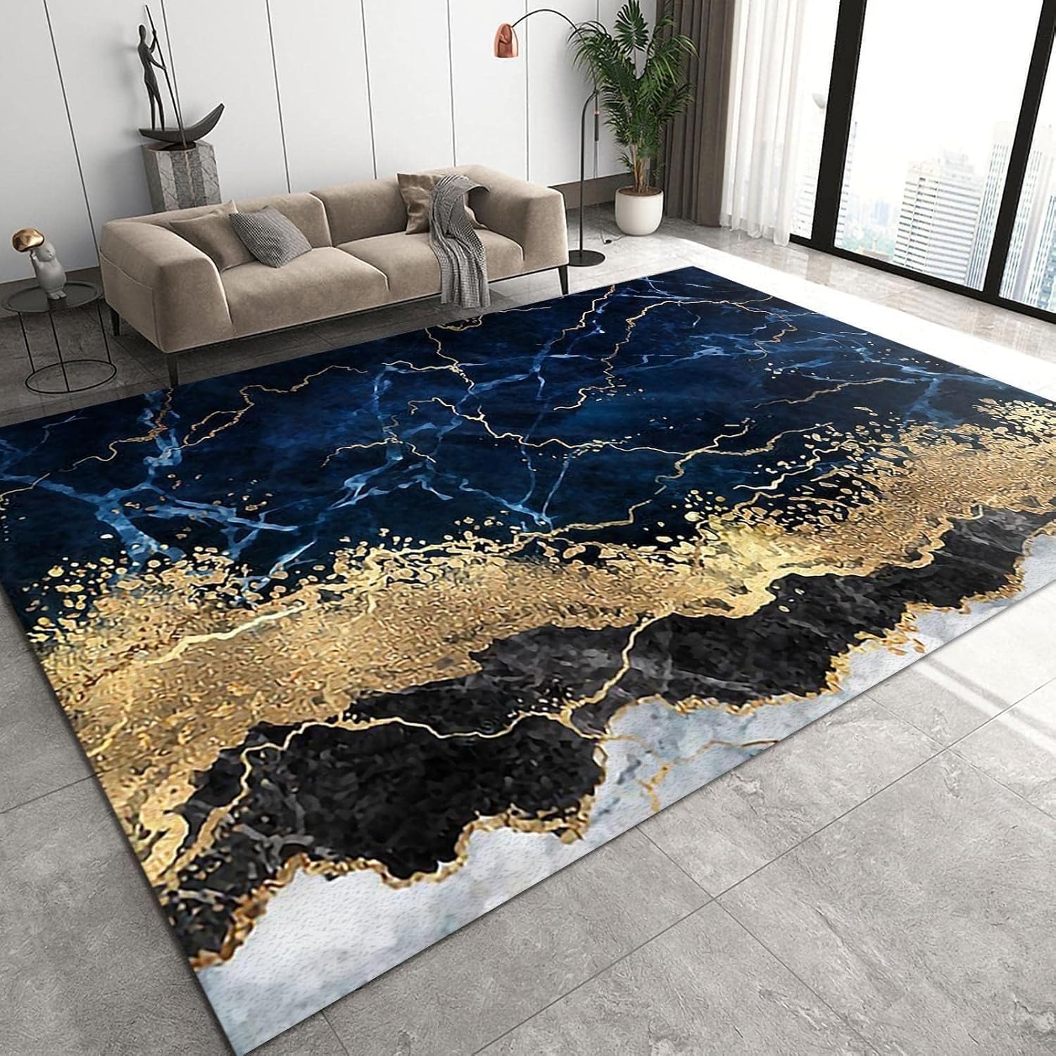 Alfombra abstracta moderna, alfombra dorada con textura de mármol de lujo, no desprende pelusa y es de fácil cuidado, ideal para zonas de alto tráfico en sala de estar, dormitorio, 2 x 3 pies, 24 x 36
