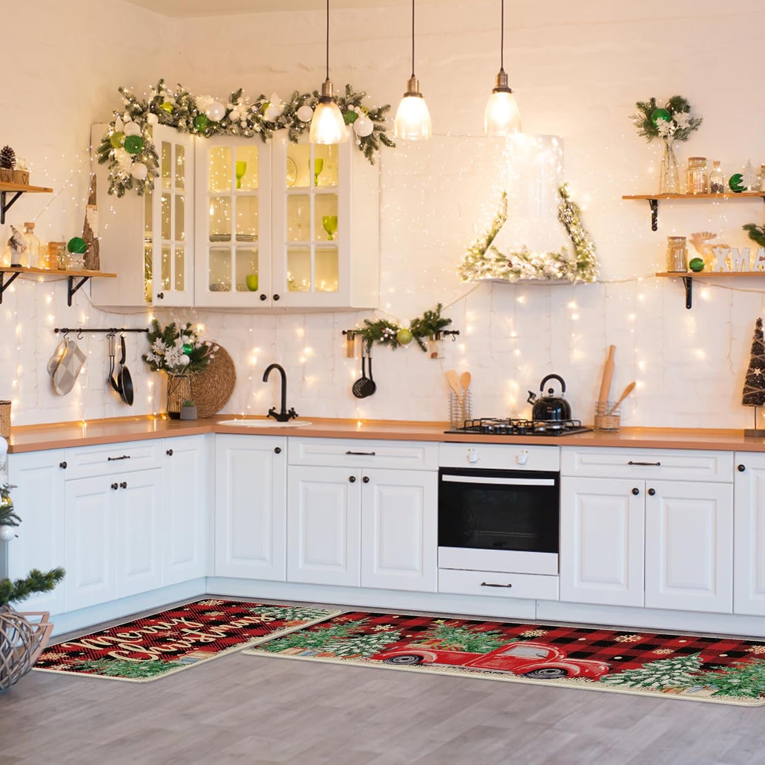 Unves Juego de 2 alfombras de cocina de Navidad, tapete de cocina de búfalo a cuadros, tapete de baño, alfombra de baño de camión rojo de granja, alfombra de feliz Navidad, decoración para suelo