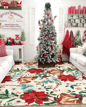 Alfombra de Navidad vintage floral de 4 x 6 pulgadas, lavable, fina de Navidad, flores rojas, bayas, ramas de acebo, bastón de caramelo, alfombra navideña festiva para cocina, dormitorio, sala de