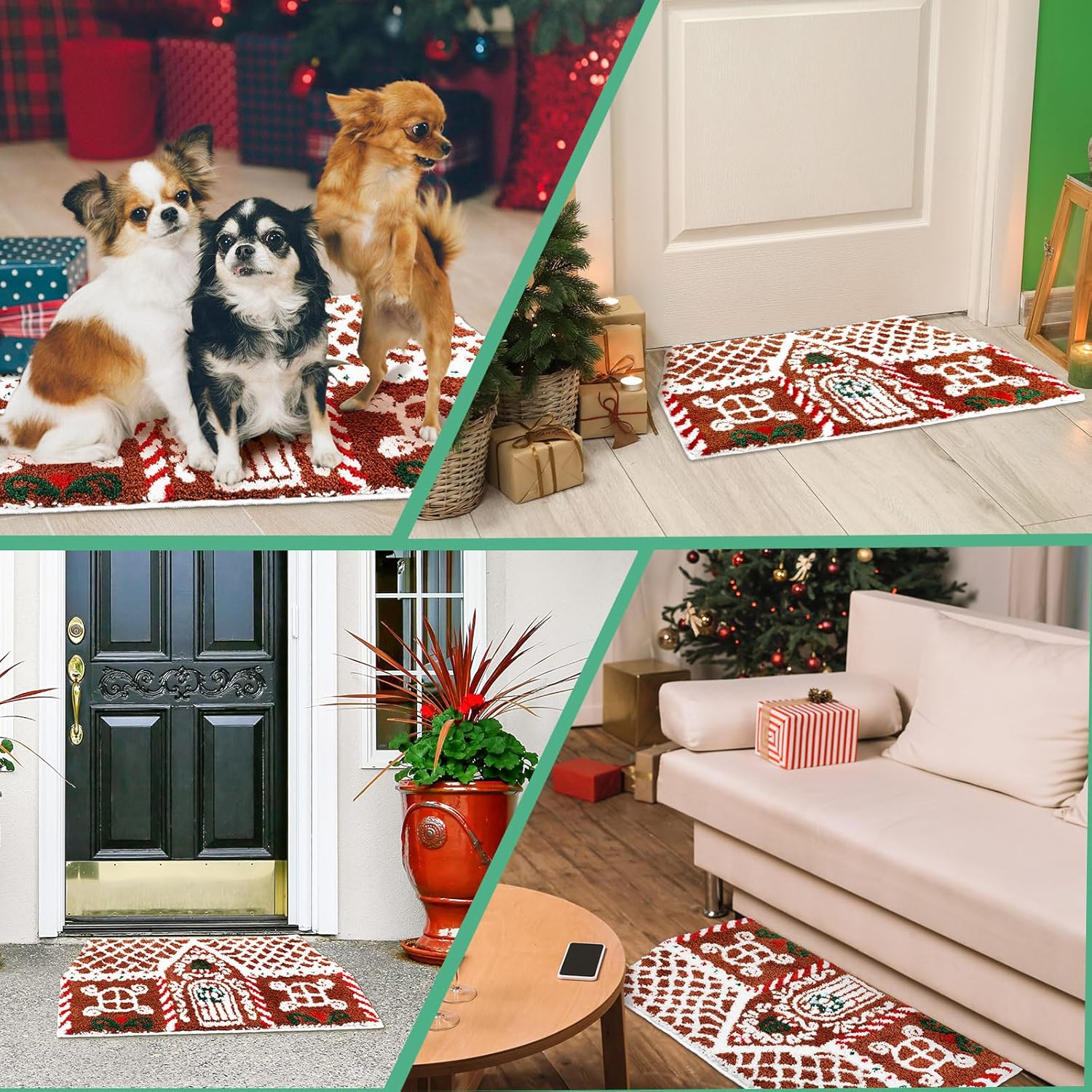 Breling Tapete de Navidad con diseño de pan de jengibre, tapete de baño antideslizante para Navidad, suave, absorbente, para puerta delantera, sala de estar, 28.35 x 16.54 pulgadas