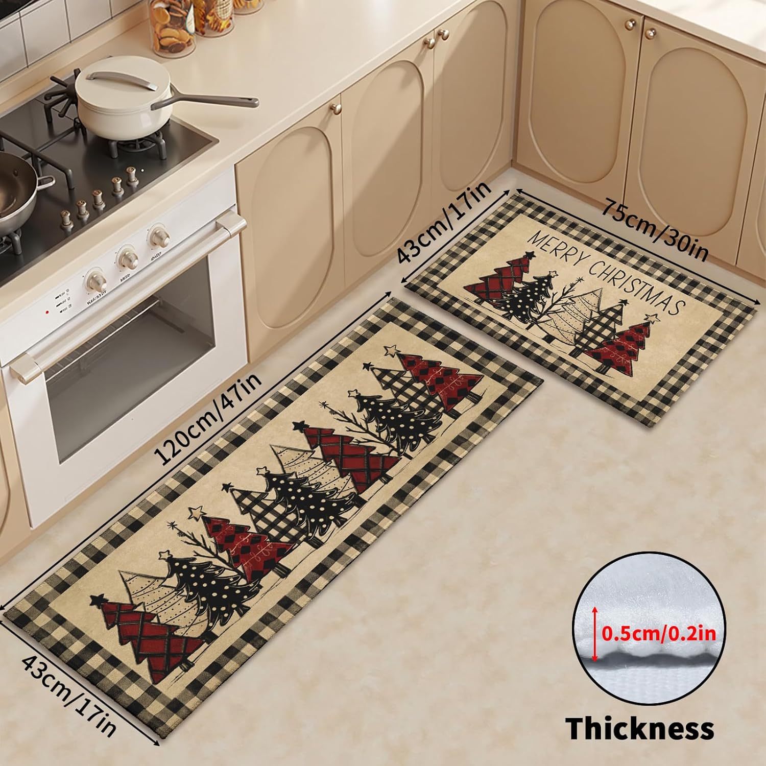 Robvobe Merry Christmas Kitchen Mats Set of 2 Xmas Tree Black Red Buffalo Plaid Print Winter Kitchen Rugs Runner Holiday Absorbent Non Slip Comfort Mat for Kitchen Floor Decor, 17"x30"+17"x47"