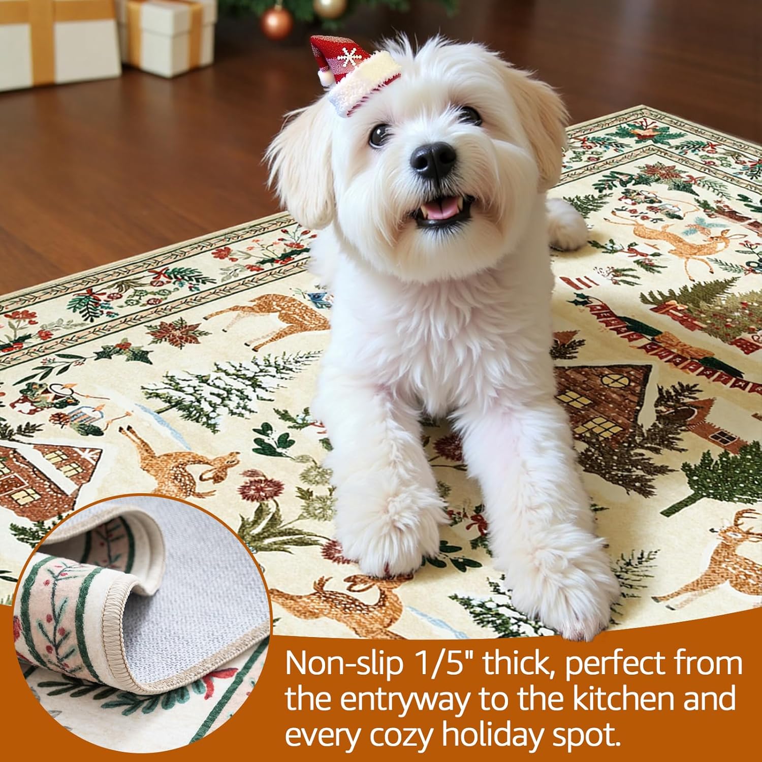 jinchan Alfombra de Navidad de 8 x 10 pies para sala de estar, dormitorio, alfombra decorativa para comedor, árbol de Navidad y cabaña, impresa, gran decoración de Navidad, para interiores, lavable