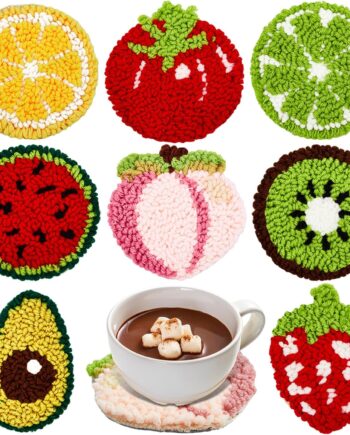 Preboun Kit de 8 posavasos con aguja para ponche de frutas, kit de bordado de aguja para adultos principiantes, suministros de manualidades de bricolaje, posavasos copetudos, incluyendo hilos y