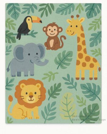 Jungle Safari Animal Kids Rug – Lion, Elephant, Giraffe, Monkey & Toucan Cartoon Play Mat – Soft Nursery & Bedroom Carpet – Durable Washable Rug – Custom (10x14 ft)