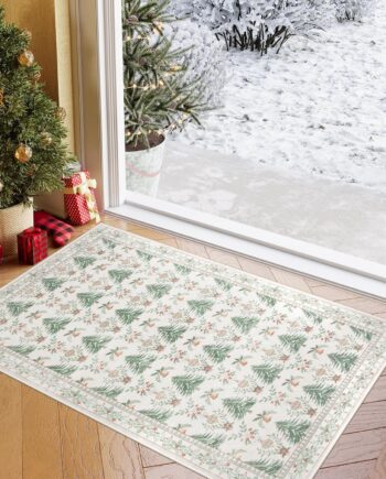Alfombra de Navidad de 2 x 3 pies, alfombra pequeña lavable para dormitorio, antideslizante, color beige, ultrafina, con estampado de árbol para interiores, para baño, dormitorio, fregadero (2
