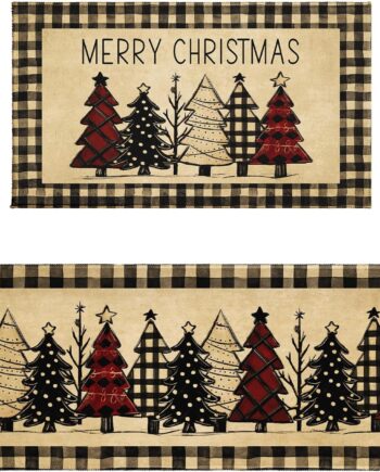 Robvobe Merry Christmas Kitchen Mats Set of 2 Xmas Tree Black Red Buffalo Plaid Print Winter Kitchen Rugs Runner Holiday Absorbent Non Slip Comfort Mat for Kitchen Floor Decor, 17"x30"+17"x47"