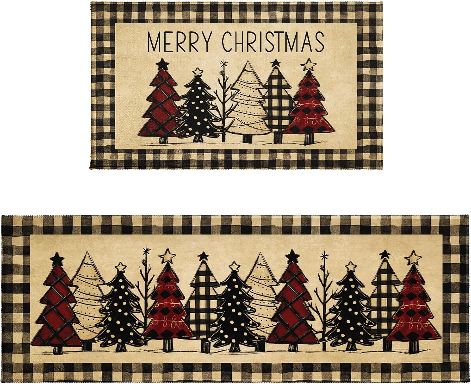 Robvobe Merry Christmas Kitchen Mats Set of 2 Xmas Tree Black Red Buffalo Plaid Print Winter Kitchen Rugs Runner Holiday Absorbent Non Slip Comfort Mat for Kitchen Floor Decor, 17"x30"+17"x47"