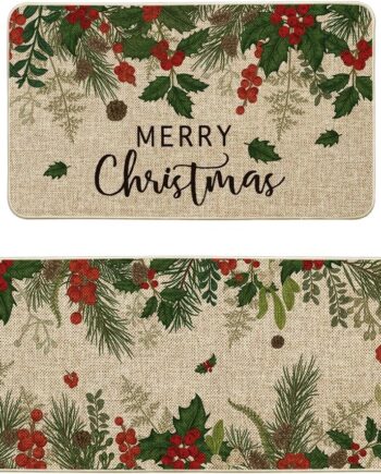 Artoid Mode Leaves Holly - Juego de 2 tapetes de cocina con texto en inglés "Merry Christmas", decoración de invierno para el hogar, alfombras de cocina de bajo perfil para piso, 17 x 29 y 17 x 47