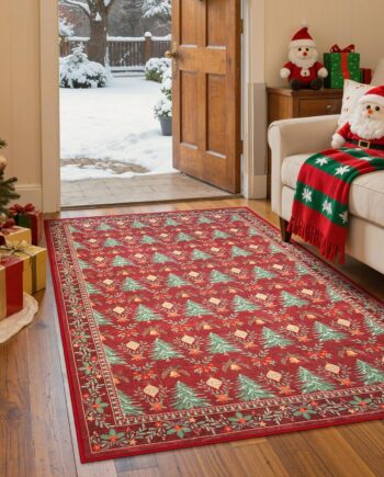 Alfombra navideña lavable de 3 x 5 pies, antideslizante, color rojo, ultrafina, para dormitorio, patrón de árbol, alfombra navideña para sala de estar, cocina y dormitorio (3 x 5 pies, rojo)
