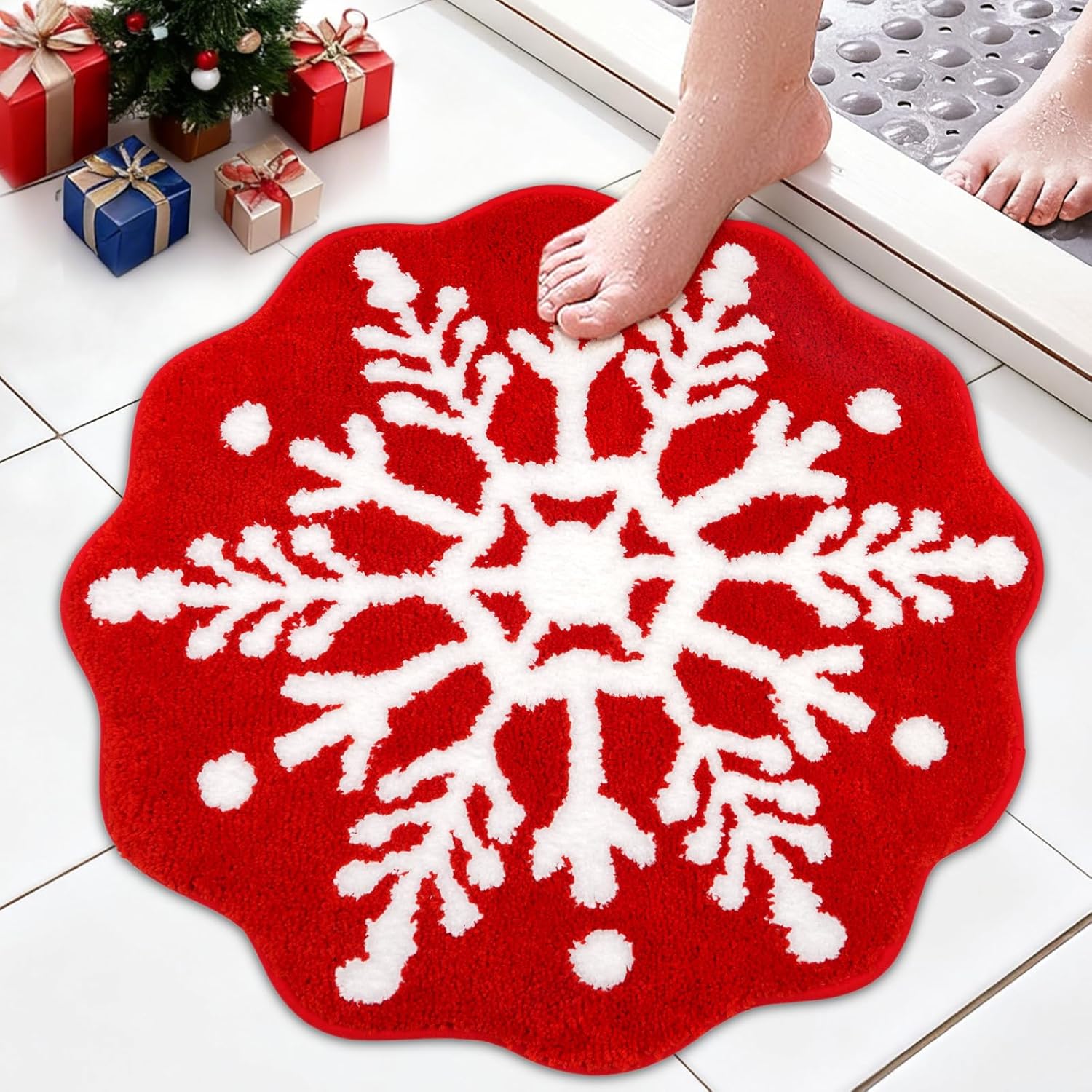 Alfombras de baño de Navidad para baño, alfombra de baño con forma de copo de nieve rojo, alfombras de baño suaves y absorbentes, alfombra antideslizante para ducha, baño y dormitorio