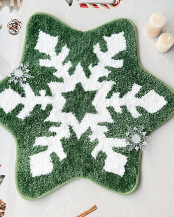 YRXRUS Alfombra de baño de copos de nieve, decoraciones navideñas, tapete con forma de nieve verde y blanca, sala de estar, dormitorio, cocina, habitación de los niños, tapete de porche, alfombra de