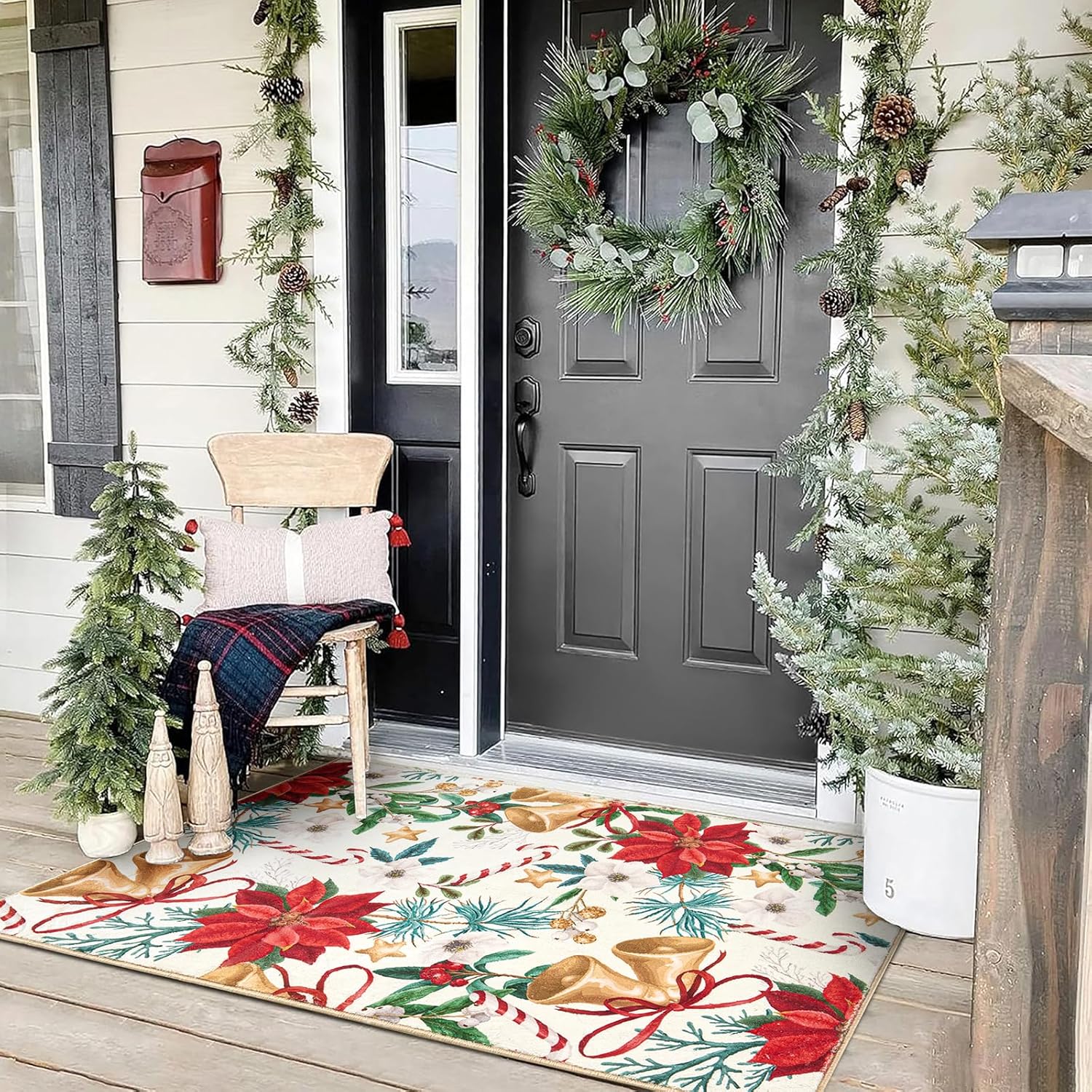 RoomTalks Tapete vintage de Navidad para puerta de interior de 2 x 3 pulgadas, alfombra de entrada de pelo bajo, lavable, árbol de Navidad, flores rojas, alfombra de plantas de invierno, alfombras de