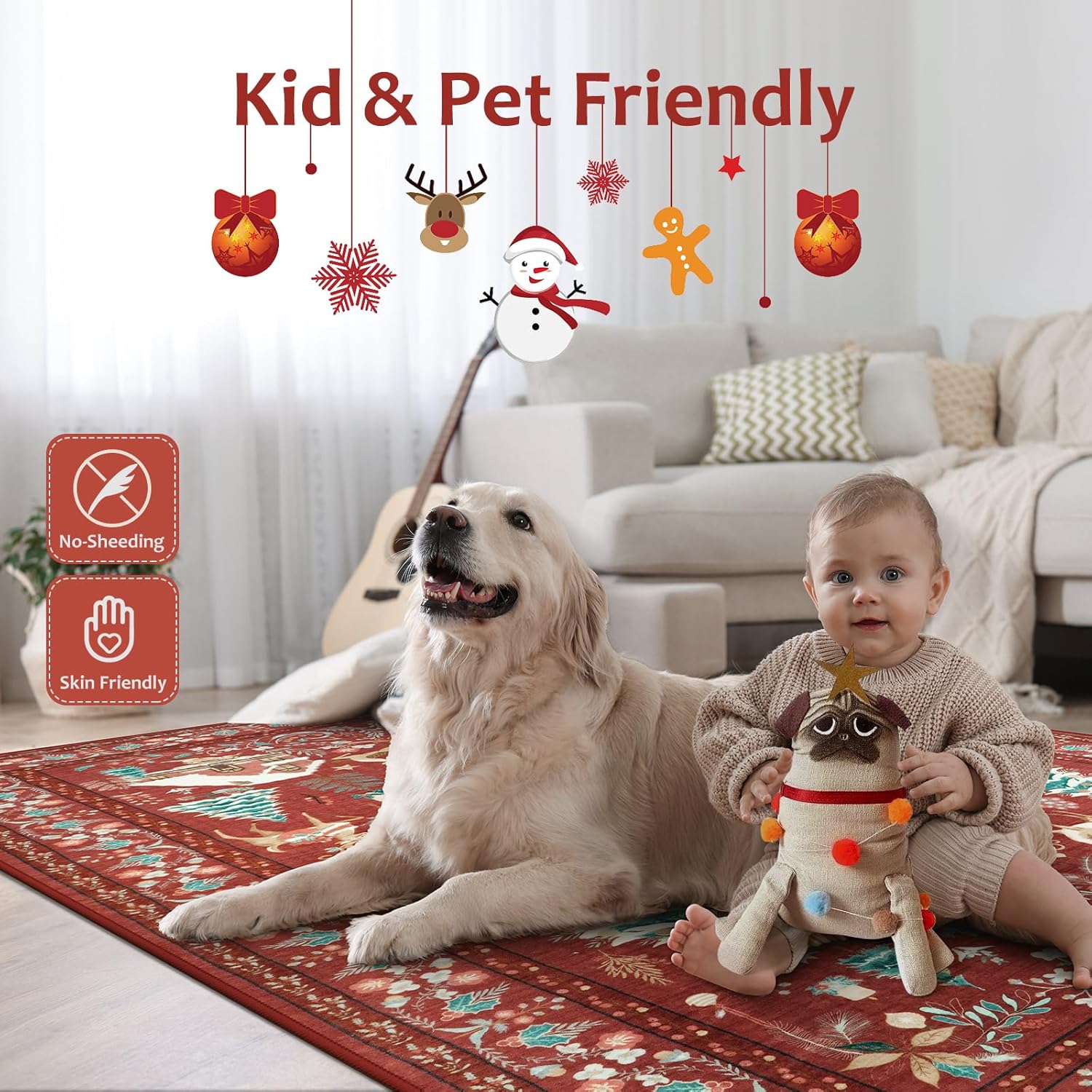 LIVEBOX Alfombra de área de Navidad de 8 x 10 pies, suave, lavable para sala de estar, alfombra roja bohemia de área grande para dormitorio con parte trasera antideslizante, alfombra de interior