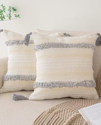 Juego de 2 fundas de almohada bohemias de 20 x 20 pulgadas, fundas de almohada tejidas copetudas con borlas y rayas texturizadas, fundas de cojín neutras decorativas para sofá, cama, color gris claro