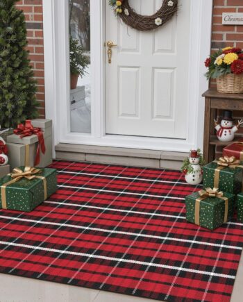 LEEVAN Alfombra de Navidad para exteriores de 3 x 5 pulgadas, tapete de puerta de entrada lavable a cuadros rojos y negros, decoración navideña de algodón tejido de Navidad para granja, cocina, patio
