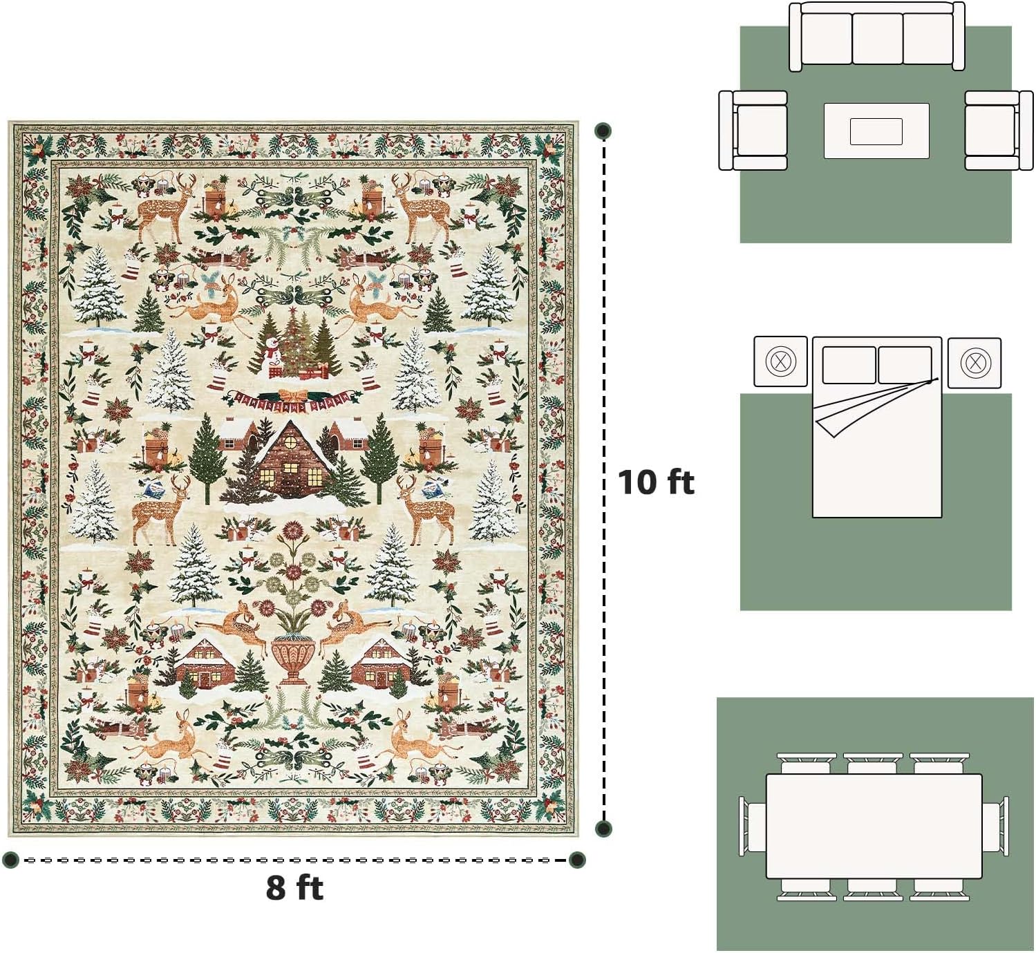 jinchan Alfombra de Navidad de 8 x 10 pies para sala de estar, dormitorio, alfombra decorativa para comedor, árbol de Navidad y cabaña, impresa, gran decoración de Navidad, para interiores, lavable