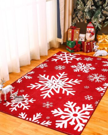 Alfombra de Navidad con diseño de copos de nieve, lavable, antideslizante, color rojo y blanco, tapete para puerta de invierno, decoración de vacaciones, para sala de estar, dormitorio,