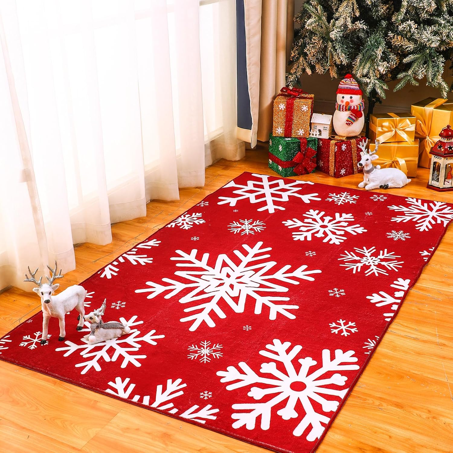 Alfombra de Navidad con diseño de copos de nieve, lavable, antideslizante, color rojo y blanco, tapete para puerta de invierno, decoración de vacaciones, para sala de estar, dormitorio,