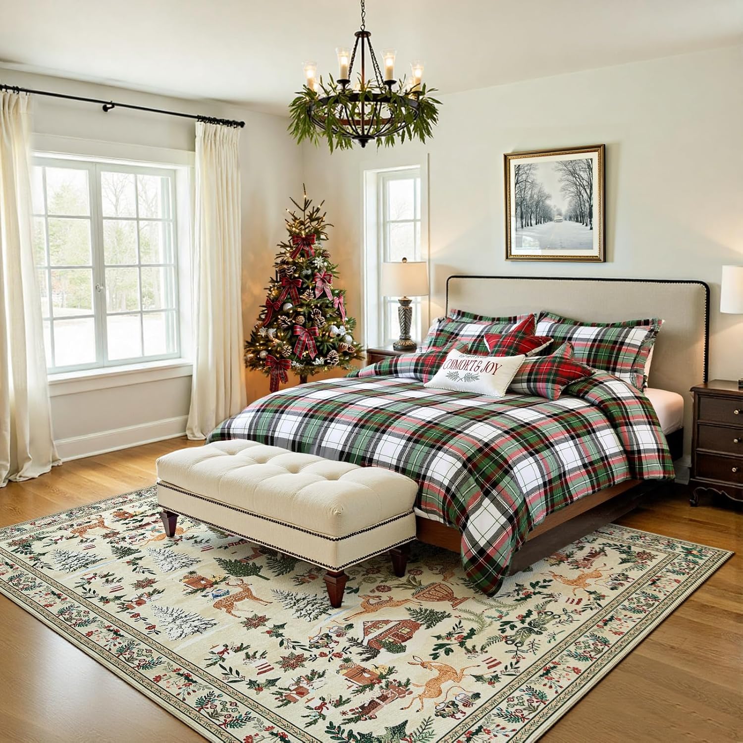 jinchan Alfombra de Navidad de 8 x 10 pies para sala de estar, dormitorio, alfombra decorativa para comedor, árbol de Navidad y cabaña, impresa, gran decoración de Navidad, para interiores, lavable