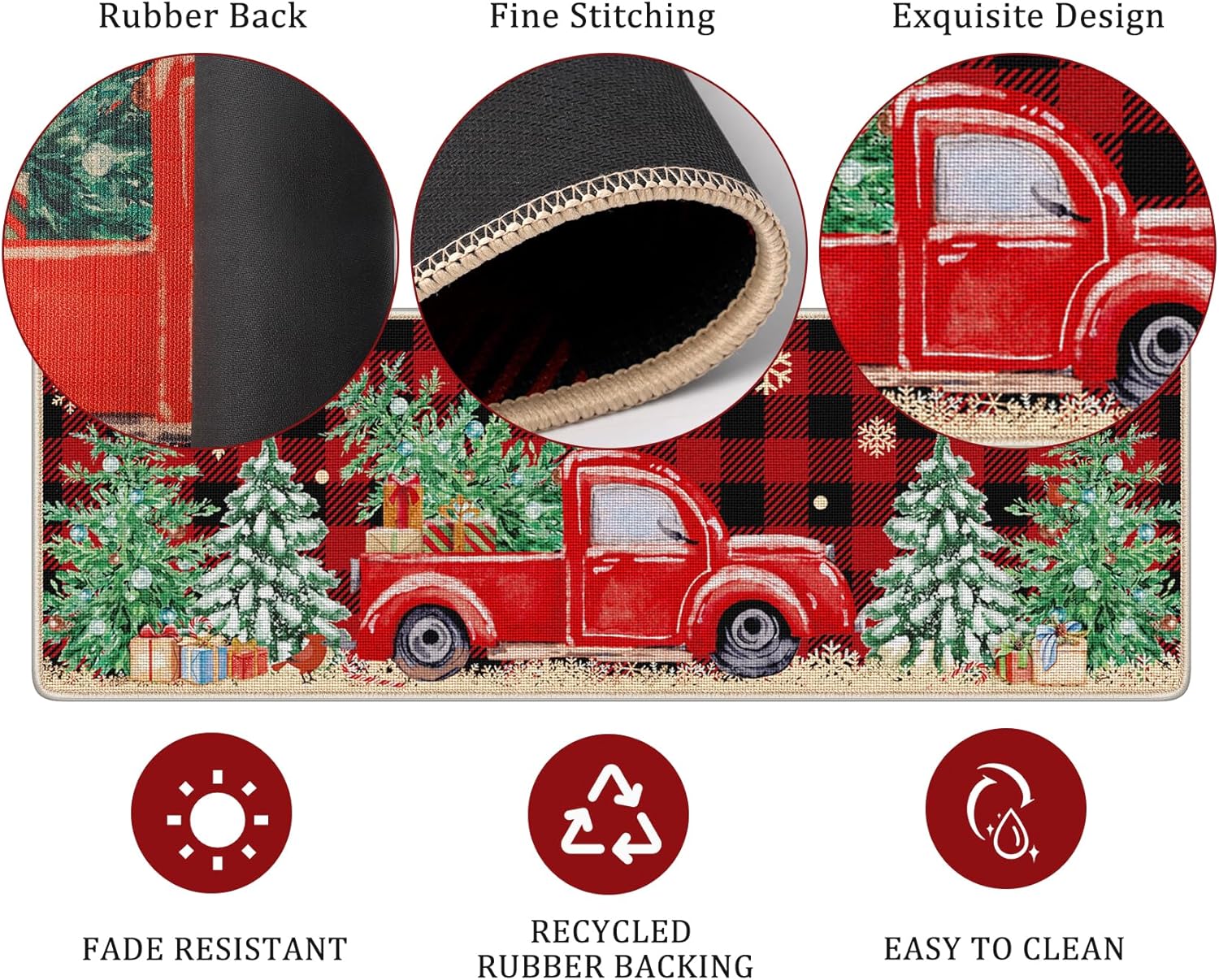 Unves Juego de 2 alfombras de cocina de Navidad, tapete de cocina de búfalo a cuadros, tapete de baño, alfombra de baño de camión rojo de granja, alfombra de feliz Navidad, decoración para suelo