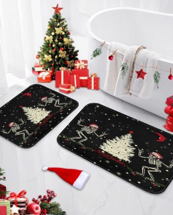 Britimes Juego de 2 tapetes de baño de Navidad, diseño de esqueleto de calavera y Papá Noel, antideslizantes, absorbentes, de espuma viscoelástica, lavables a máquina