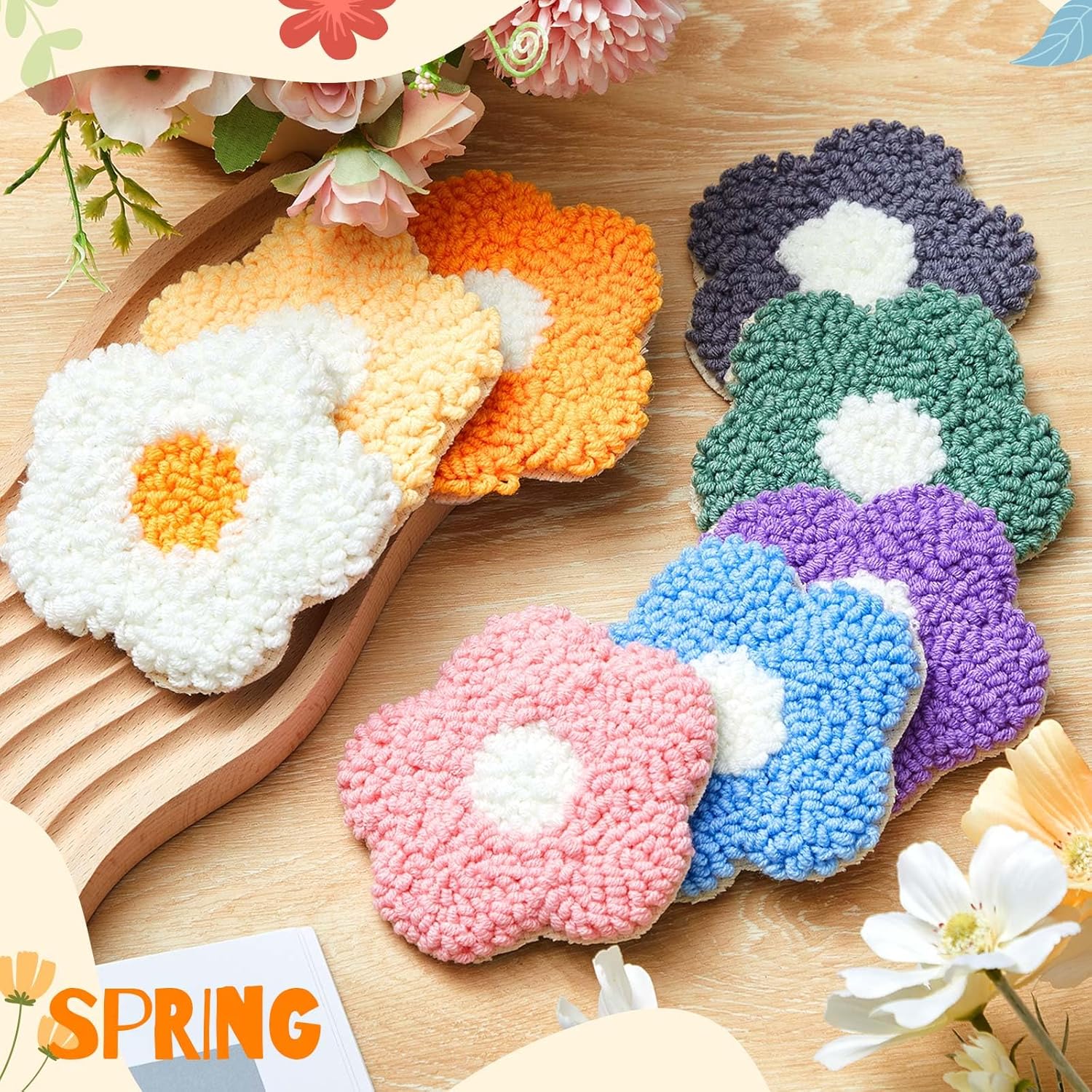 Preboun Kit de 8 posavasos con aguja perforadora de flores, kit de bordado de aguja para adultos principiantes, suministros de bricolaje, posavasos copetudos, incluyendo hilos y herramientas de aro