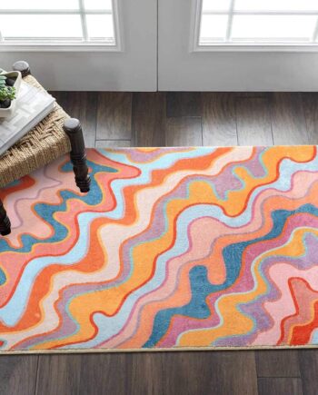 Alfombra abstracta vintage de 2 x 3 pulgadas, diseño hippie, a rayas, bonita alfombra de baño, antideslizante, colorida, naranja y rubor, lavable para cocina, entrada, interior