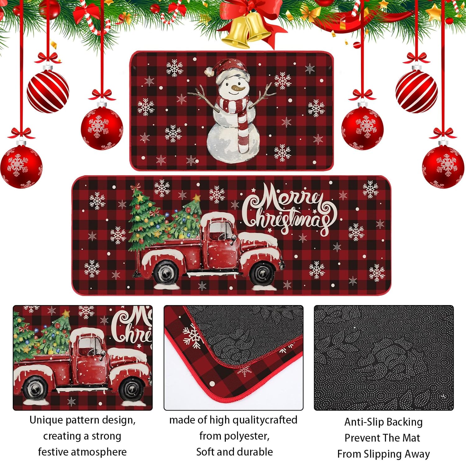 Shellwei Juego de 2 alfombras de cocina de Navidad a cuadros de búfalo, muñeco de nieve, copo de nieve, rojo, alfombra de cocina, tapete de cocina de Navidad antideslizante para el hogar, Navidad,