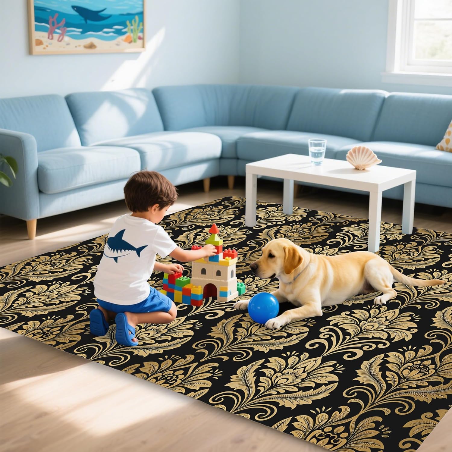 Alfombra dorada de flores de damasco negro para sala de estar, antideslizante, lavable, de pelo bajo, alfombra de diseño abstracto, ahorro de espacio para dormitorio, comedor