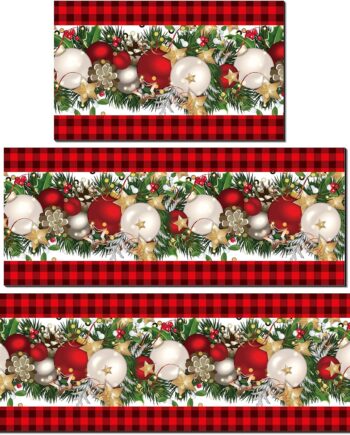 Newwiee Alfombras de cocina de Navidad, alfombras de Papá Noel, color verde, Navidad, copos de nieve, tapete de piso de bola de copo de nieve, antideslizante, lavable, tapete de goma para feliz