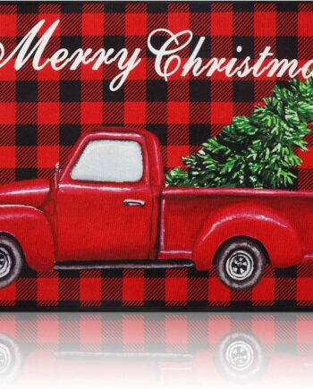 Tapete de Navidad, tapete decorativo de árbol de Navidad, lavable y antideslizante, tapete de piso de búfalo negro y rojo, para puerta de porche delantero, baño, 24 x 16 pulgadas (estilo fresco)