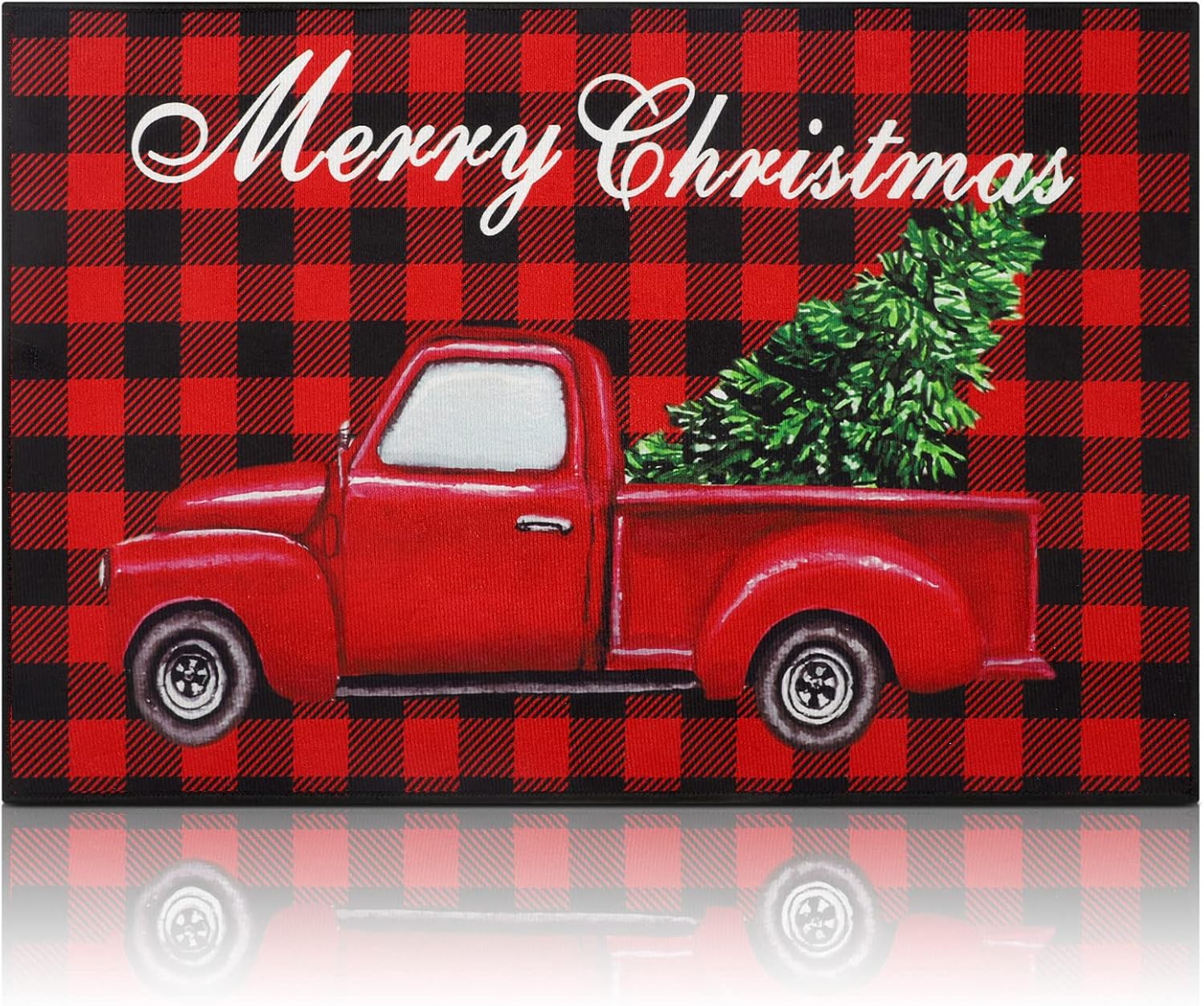 Tapete de Navidad, tapete decorativo de árbol de Navidad, lavable y antideslizante, tapete de piso de búfalo negro y rojo, para puerta de porche delantero, baño, 24 x 16 pulgadas (estilo fresco)