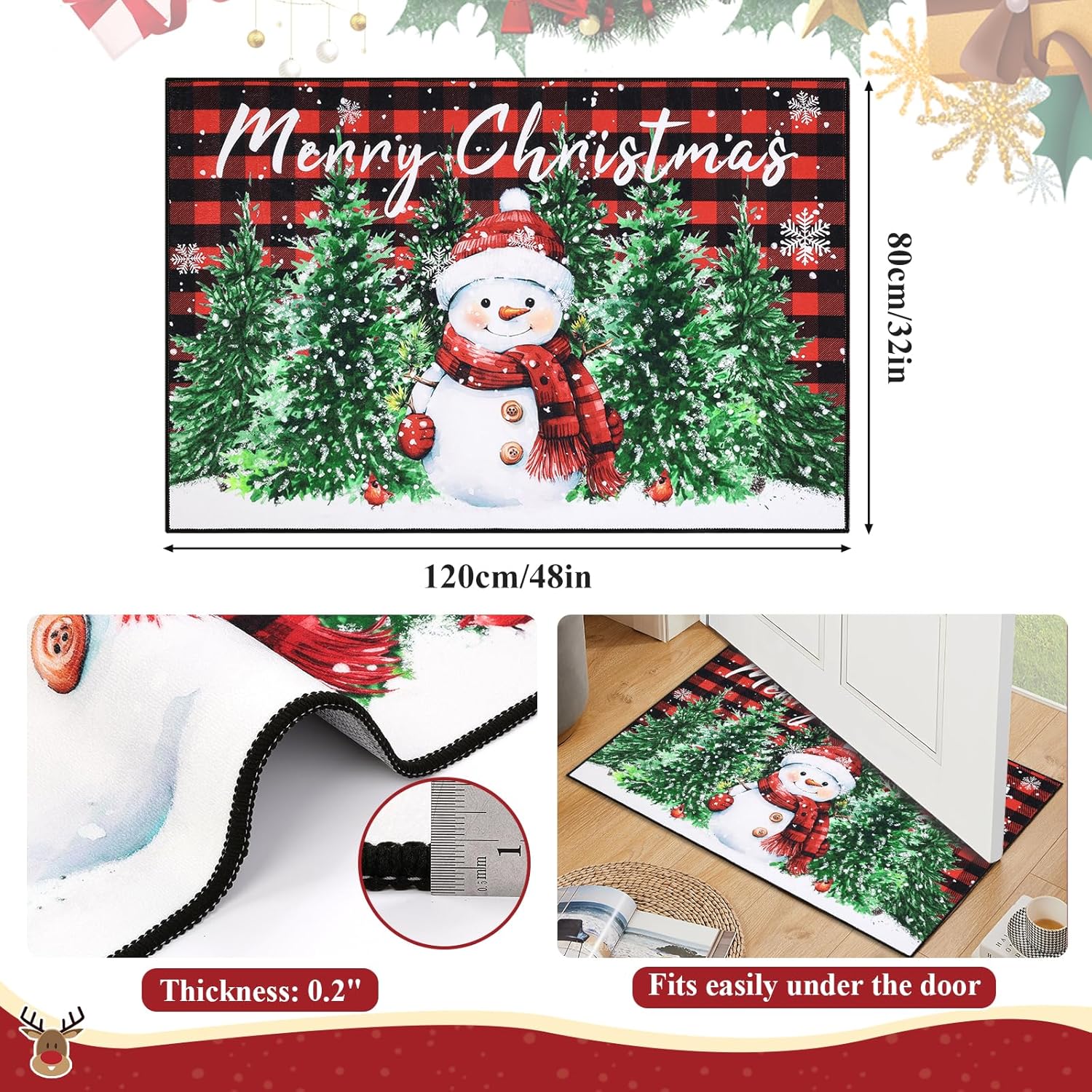 SHACOS Felpudo de Navidad lavable, antideslizante, rojo y negro, a cuadros, nieve y muñeco de nieve, 32 x 48 pulgadas