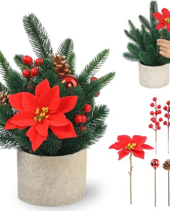 Decoración de mesa de Navidad, centro de mesa pequeño en maceta con flor de pascua, piñas y bayas, plantas artificiales de Navidad para mesa, baño, oficina, decoración del hogar (verde)