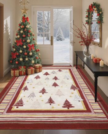 GarveeHome Alfombra de Navidad para dormitorio, alfombra de área de 5 x 7 pies para sala de estar con pelo bajo suave, árbol de Navidad y copo de nieve, alfombra lavable para comedor, resistente a las