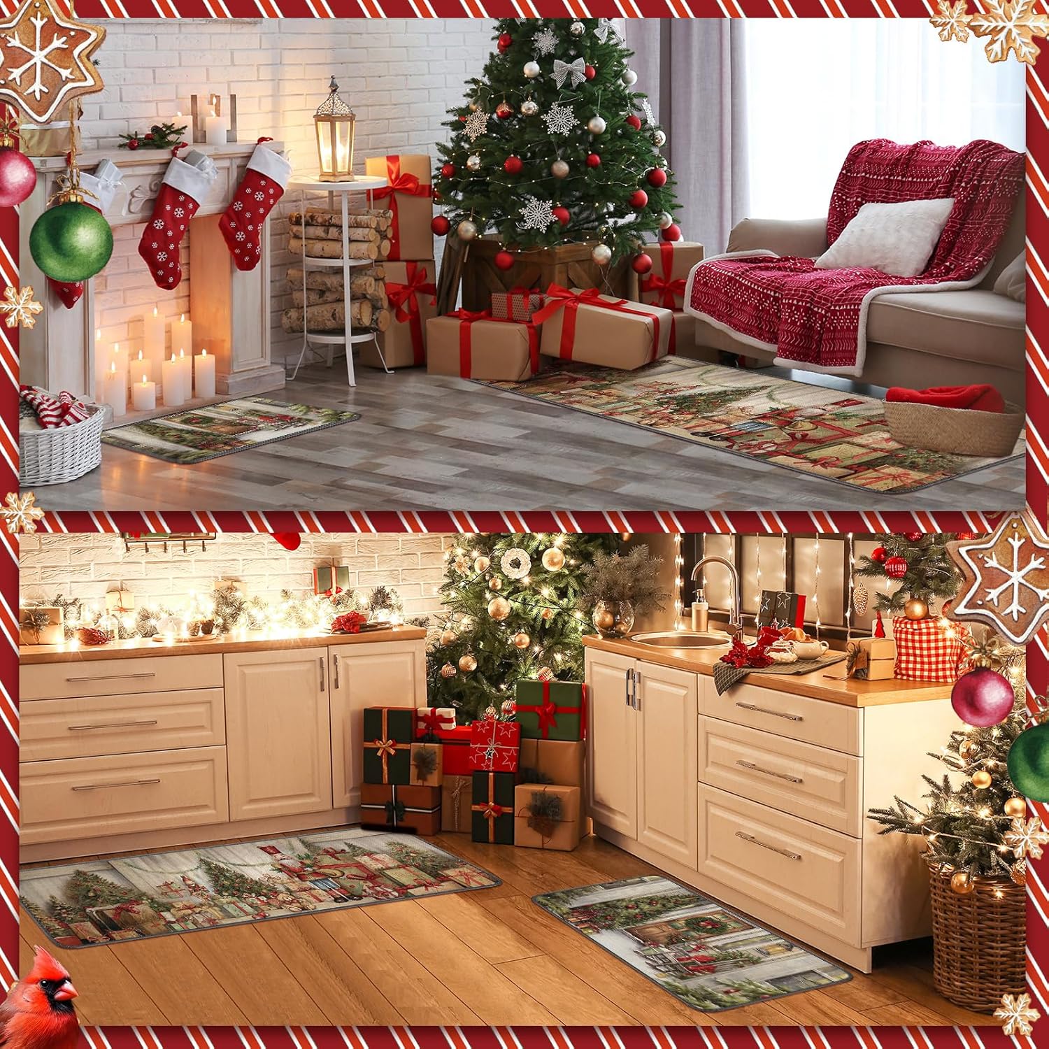 Ceenna Juego de 2 alfombras y tapetes de cocina de invierno, copos de nieve, renos, vacaciones, fregadero, cocina, baño, árbol de Navidad, decoración para el hogar, 17 x 30 pulgadas, 17 x 47 pulgadas